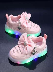 MGO Kidss MGO Kids 2025春秋新款蝴蝶结水钻闪粉发光公主鞋平底学生鞋1-6岁儿童休闲鞋运动鞋发光鞋