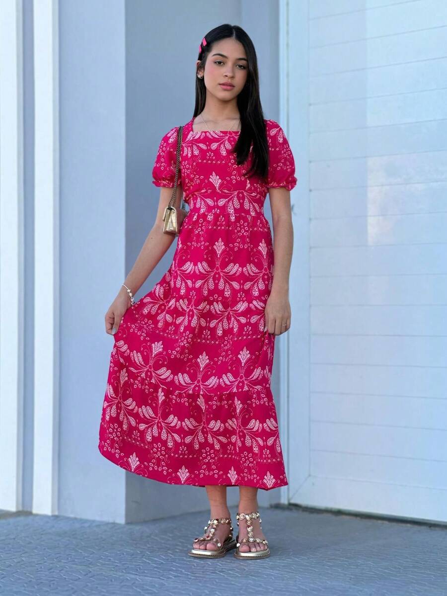 Long Youth Dress Modern Fashion In Lesse Print - Hot Pink - View 1