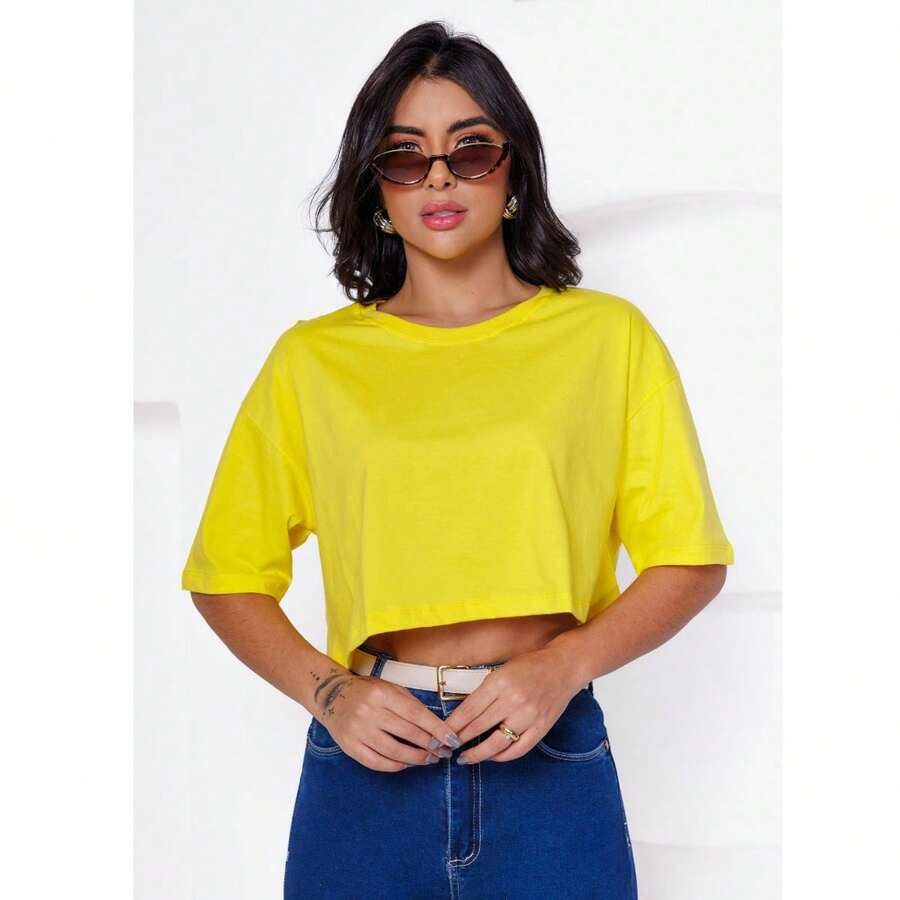 Women's Basic Cropped T-Shirt In Plain Cotton Knit - 黃色 - 查看 1