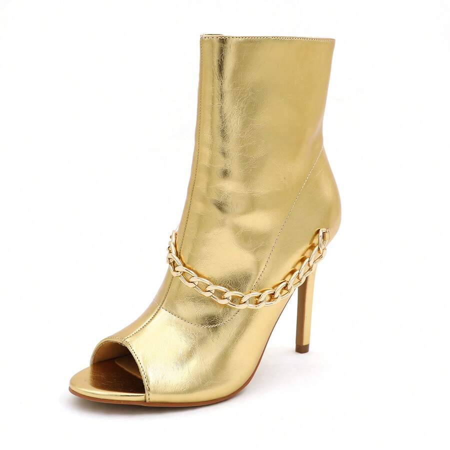 Women's Peep Toe Ankle Boots, Gold Chain Detail, High Heel: Stylish Design, Non-Slip Rubber Sole, Latex Insole For Comfort, Perfect For Shopping, Parties, And Casual Outings  Fashionable    Polyester - 金色 - 查看 1