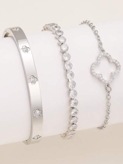 Fashion European & American Four-Leaf Clover Shaped Zirconia Inlaid Women's Bracelet Set, Suitable For Multiple Occasions, Stackable, Also Makes A Great Gift For Friends