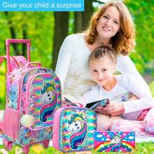 3PCS Rolling Backpack For Girls, Crown Unicorn Kids Roller Wheels Bookbag, Wheeled School Bag With Lunch Bag