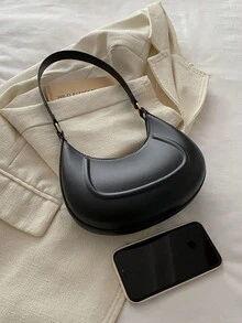 1pc Zipper Closure PU Solid Color Crescent Underarm Bag, Fashion Retro Shoulder Bag For Office/Work, Versatile For Women Daily Use - Black - View 10