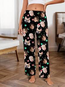 Pantalones de pijama personalizados para mujer, retrato de pareja único, intercambio de rostros de pareja e intercambio de rostros de mascotas, temática navideña y festiva - Mercancía de fans de retratos de celebridades - Negro - Ver 4