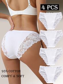 Bộ 4 chiếc quần lót nữ màu trơn thanh lịch, viền ren, đồ lót nữ - trắng - Xem 3