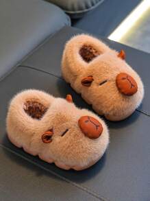 1 Pair Kids Cartoon Style Cute Thick Warm Indoor Slippers With Heel, Suitable For Boys And Girls, Autumn/Winter