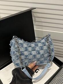 装饰性搭扣细节、缝线、链条肩带单肩包，女士装饰性搭扣单肩包，街头时尚流浪包，中小号斜挎包和钱包套装，适合购物、约会、作为女士礼物，也适合青少年、大学生、工作、商务、通勤等场合。 - 藍色 - 查看 6