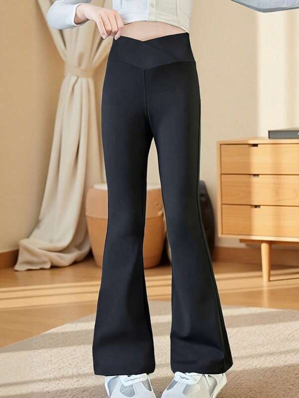 Pantalones acampanados de punto de cintura alta con diseño cruzado para niñas, nuevos leggings de yoga para otoño para niños, pantalones acampanados, pantalones para deportes al aire libre