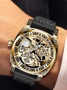 1pc Men's Black Leather Strap Gold Case Vintage Engraved Design Luminous Hollow Tourbillon Automatic Mechanical Watch