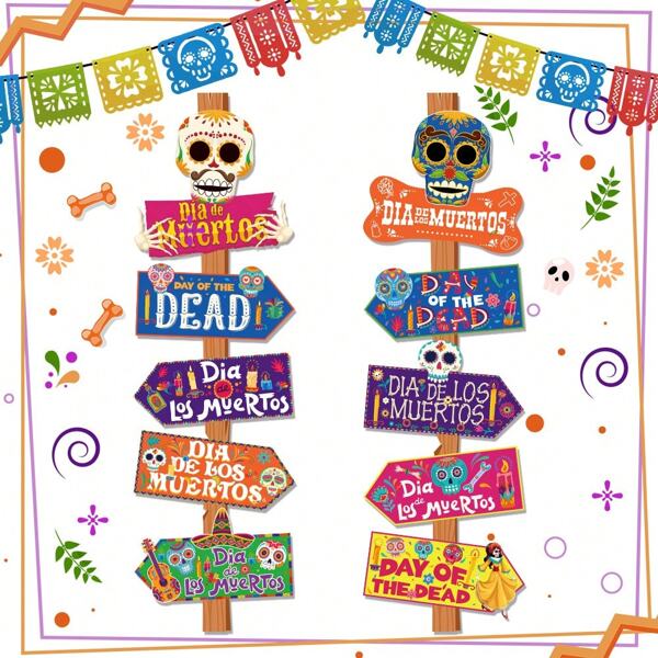 New Day Of The Dead Party Skeleton Head Signpost Lawn Wood Stake Paper Directional Sign Party Decorations