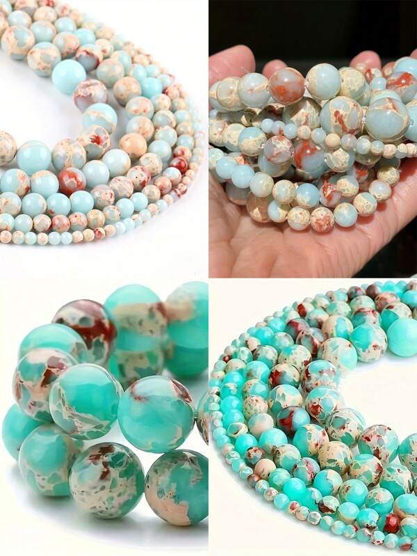 4-10mm Cuentas sueltas redondas de piedra de emperador natural, verde mármol o azul claro con color marrón/rojo, superficie brillante, adecuado para hacer joyas DIY - Muy adecuado para pulseras y collares encantadores, cuentas para hacer joyas