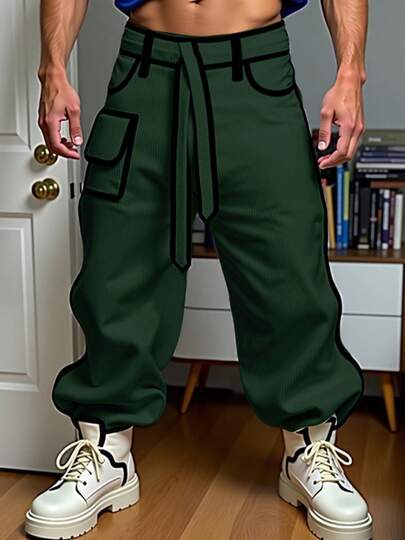 INCERUN Fashion Men Zipper Colorblock Corduroy Jogger Baggy Harem Pants Bottoms Casual Loose Long Trousers