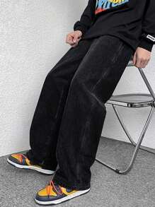 男士高级简约百搭直筒水洗牛仔裤，抽绳松紧腰休闲裤，四季皆宜 - 深灰色 - 查看 3