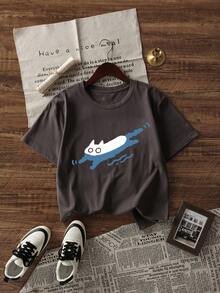 女装夏季新款可爱猫咪图案印花圆领休闲青少年纯棉短袖T恤