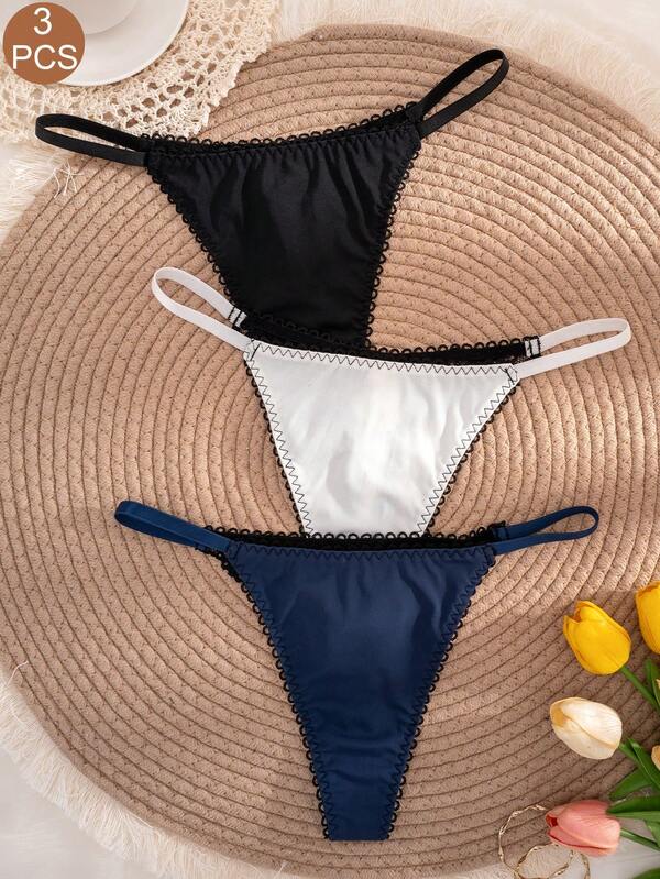 3 piezas/paquete Bragas tipo tanga de mujer de unicolor y encaje cómodas