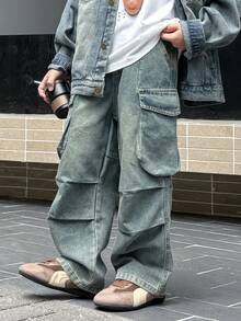 Boys' Loose Fit Casual Cargo Jeans Pants, Suitable For Daily, School, Outdoor Wear, Autumn