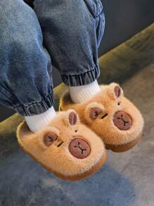 1 双儿童水豚毛绒卡通装饰软底轻便室内拖鞋，适合男孩和女孩