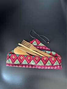 Outdoor Camping Picnic Cutlery Storage Bag With Stainless Steel, Bamboo & Wood Utensils, Portable Pocket Cutlery Organizer Bag, Chinese And Japanese Floral Pattern, Triangle Shape, Printed, 1pc For Travel Storage Bag,Makeup Bag,Cosmetic Bag,Vacation Organizer,Large Capacity Makeup Organizer Makeup Case, For Lipstick, Brush, Skincare, Mobile Phone, Coin, Small Items, For Home,Gift,Vacation And Festival Halloween Christmas Multifunctional Use,Boho Vibes