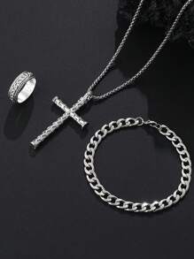 3pcs Men's Fashion Punk Rock Hip Hop Party Accessories Rose Flower Cross Necklace Bracelet Ring Set