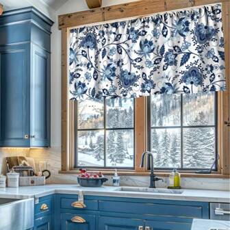 1 件/2 件波西米亚彩色花卉叶帷幔窗帘 - 100% 涤纶，抽象蓝白印花，适用于厨房、客厅、卧室、浴室的带杆口袋窗 - 可机洗，浴室帷幔，鲜艳的窗户装饰帷幔，浴室窗帘