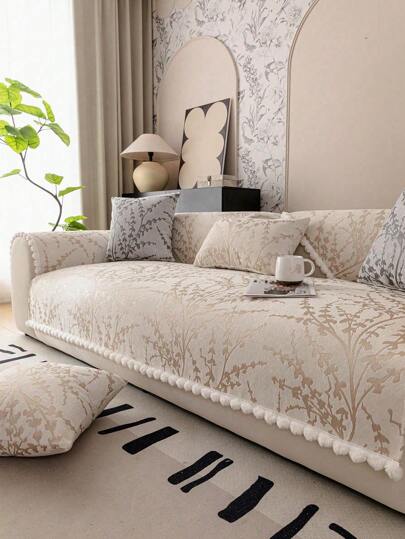 1pc Black & White Branch Pattern Sofa Cover, Romantic French Style Thick Chenille Slip Resistant Backing Tassels Cushion, All Seasons Holidays Wedding Decoration