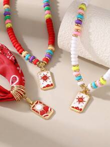 1/3pcs Set Funky Jewelry Luxurious Colorful Stone Beaded Sun Shaped Alloy Pendant Necklace, Versatile For Daily And Party Wear, Random Color Beads