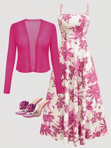 女式无袖印花腰喇叭裙搭配针织开衫，浪漫波西米亚花卉印花度假装套装 - 玫紅色 - 查看 3