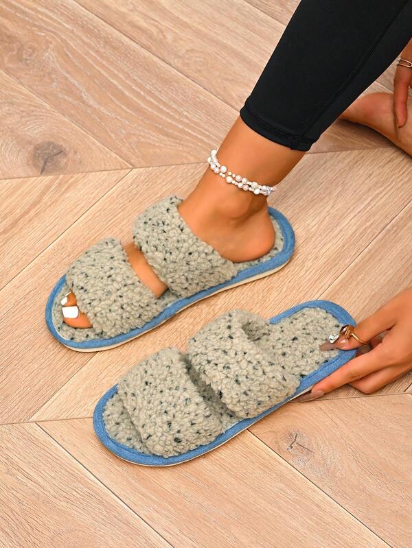 Women's Grey New Fashion Versatile Round Toe Exposed Toe Slip-On Double Strap Soft Fabric Upper Lightweight Comfortable Indoor Casual Slip-On Flat House Slippers