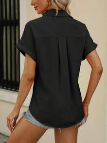 Fnortc Summer Women's Utility Tops Button Down Shirts Pocket Covered Sleeve Tops - 黑色 - 查看 5