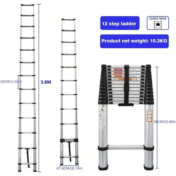 3,8 M / 12.5 FT Hochleistungs-Teleskopleiter aus Edelstahl, Mehrzweck, ausziehbar, für Haus, Dachboden, Gebäude, Heimwerken