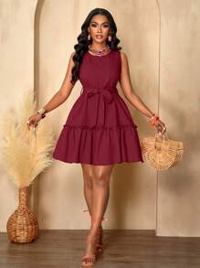 AIJ Amarilo Women's Casual Holiday Solid Color Sleeveless Dress, Suitable For Daily Work And Shopping - Red - View 5