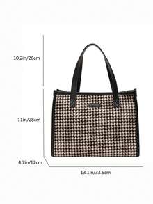 千鸟格图案大号托特包，女士时尚简约大容量单肩包，通勤百搭 - 黑色 - 查看 12