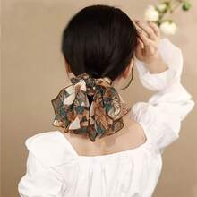 1-4件套复古法式花卉印花优雅蝴蝶结发圈,甜美网纱马尾夹,多功能黑色和深绿色发圈套装,浴室配件,旅行,浴室装饰,发带,发圈,发绳,头巾 - 彩色 - 查看 7