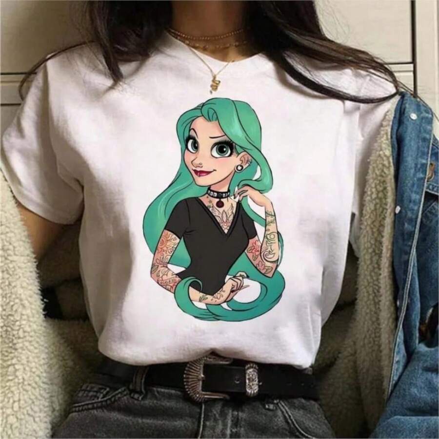 COOL SUMMER Punk Princess Printed Pattern Tee Mermaid ArielS Kawaii Girls T-Shirt Streetwear Womens Tops Cute Harajuku T-Shirt - 白色 - 查看 1