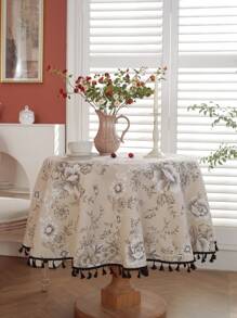 1 件复古黑白花卉流苏桌布，用于咖啡桌、床头柜、家居装饰的装饰罩，适用于餐厅、聚会、晚餐、节日派对、宴会、野餐和露营，四季皆宜