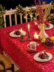 1pc Red Christmas Tablecloth, Christmas Metallic Jingle Bells, Rectangular Tablecloth With Red Tassel Decor, Washable, Dining Table Cover, Holiday Home Decor, Party Tablecloth, Bedside Cabinet Cover, Festive Decoration Suitable For Kitchen, Dining Room, Gathering, Wedding, Holiday, Party, New Year, Christmas Decor, Gift, Merry Christmas - Red - View 9