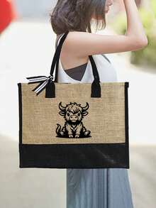 高地奶牛纹沙滩包套装 - 黑色和卡其色配套手提包 + 化妆包 | 大容量可调节肩包，包含方形钱包和帽子 | 多功能旅行收纳包，适合婚礼、度假和日常使用 | 送给女性、妈妈和伴娘的贴心礼物 | 返校必备和母亲节礼物 - 彩色 - 查看 3