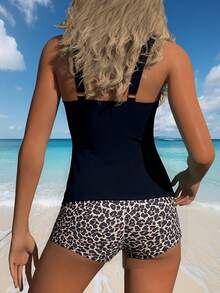 Bathing Suits For Women Two Piece Swimsuit Modest Swimwear With Shorts High Waisted Drawstring Swimming Suit - Navy Blue - View 3