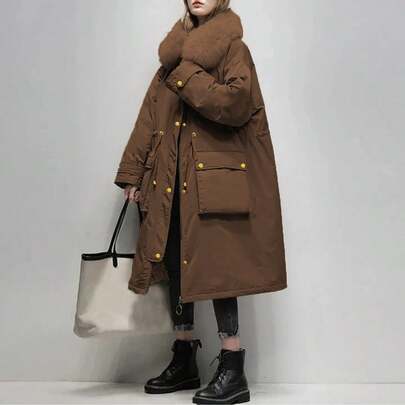 Plus Size Elegant Cinched Waist Faux Fur Collar Mid-Length Quilted Cotton Lined Parka Jacket, Winter