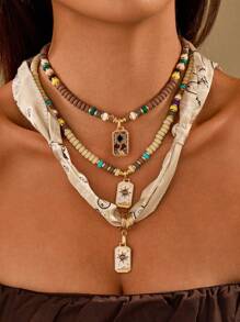 1/3pcs Set Funky Jewelry Luxurious Colorful Stone Beaded Sun Shaped Alloy Pendant Necklace, Versatile For Daily And Party Wear, Random Color Beads