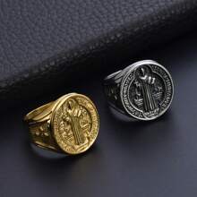 1pc Stainless Steel Saint Benedict Exorcism Cross Pendant, 18K Gold Plated Stainless Steel Ring, Hiphop Jewelry Gift, Daily Wear
