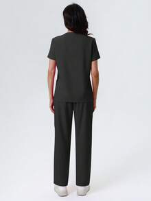 V领多口袋腰带手术服护士服工作服牙医医疗保健宠物医院实验室制服套装 - 黑色 - 查看 4