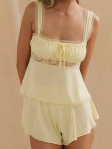 Lace Patchwork Satin PJs Set For Women Spaghetti Strap Backless Tie Front Lace Trim Tank Tops And Wide Leg Loose Micro Shorts Y2k Casual Loungewear Sleepwear Outfit Beach Vacation Set - Màu vàng - Xem 1