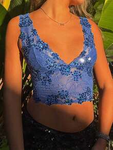Women's Sequin Sparkle Tank Tops Deep V Neck Lace Floral See Through Summer Sheer Crop Tank Top - 藍色 - 查看 1