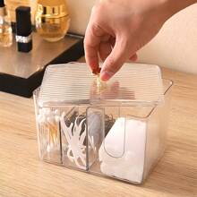 1个塑料收纳盒 - 化妆棉棉签带盖盒 - 家用化妆架单隔层/双隔层化妆牙签清洁棉签盒 - 防尘防水盒