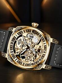 1pc Men's Black Leather Strap Gold Case Vintage Engraved Design Luminous Hollow Tourbillon Automatic Mechanical Watch