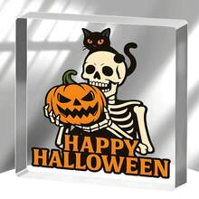 1 Pieza Cartel acrílico de Calabaza con Esqueleto y Gato de Halloween, Placa Feliz Halloween para estantería, escritorio o exhibición de fiesta, relleno de canasta de "Boo", decoración espeluznante, Cartel acrílico de Halloween, decoración del hogar, regalos, regalos de Navidad, regalos de cumpleaños