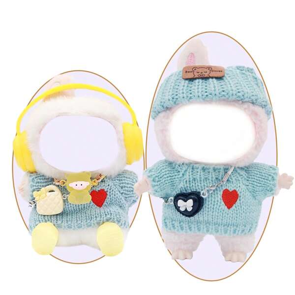 Doll Clothing Accessories: Light Blue Sweater With Heart Pattern, Paired With Unique Hanging Accessories - Yellow Headphones And Matching Color Handbag Necklace, Or Paired With Knitted Hat And Cartoon Bag Shoes. Cute And Adorable Look, Suitable For 14cm To 17cm Dolls, For Queuing Parties, Collecting, And Displaying (Excluding Dolls)