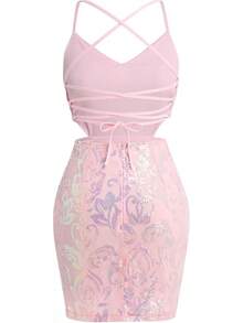 Teen Homecoming Dress Sequins Bodycon Mini Spaghetti Strap Floral Glitter - Berwarna merah muda - View 6