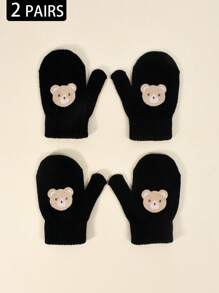 2双幼儿秋冬高弹力针织保暖手套，婴儿童可爱刺绣连指手套，宝宝防抓/咬手套，适合日常休闲穿着和冬季保暖单层手套 - 2雙 - 查看 4